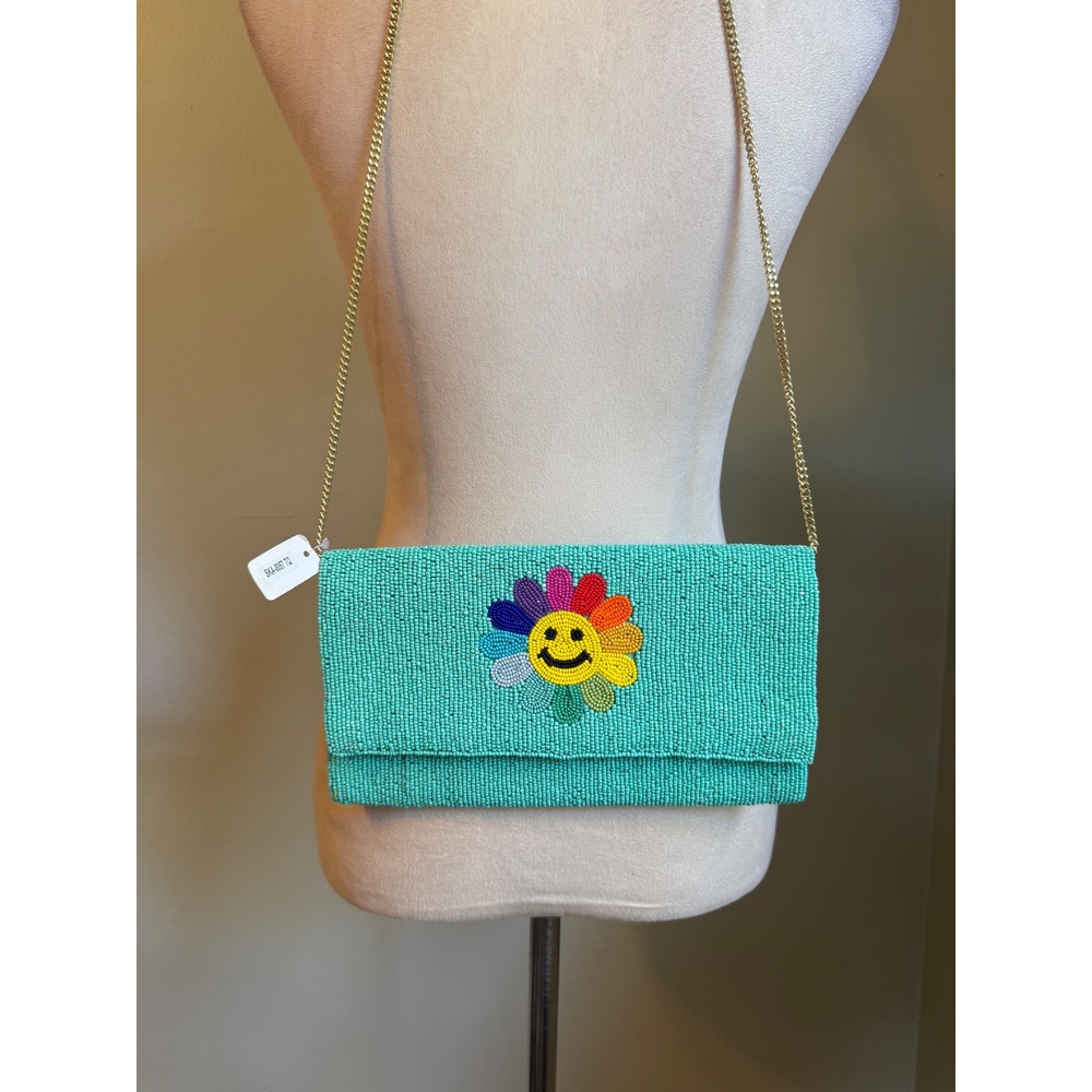 Turquoise Beaded Rainbow Smiley Flower Crossbody Clutch Bag whimsi boho Y2K colo